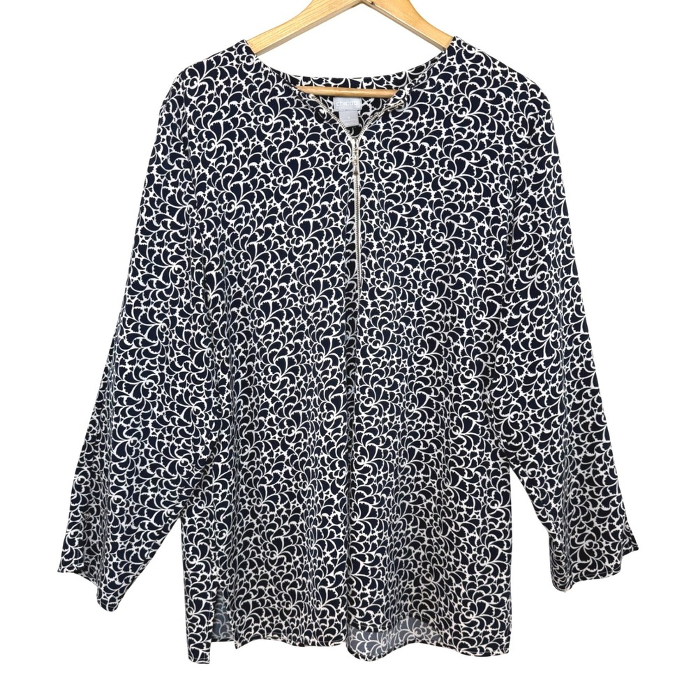 Chico's Floral Scroll Print Blouse Top Navy White Zip Career Office Plus 4 20/22